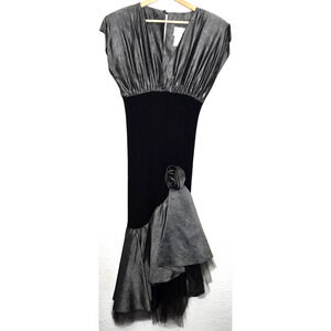 Vintage 80s Dress Womens 5/6 Silver Black Mermaid Rosette Tulle Midi Party Gown